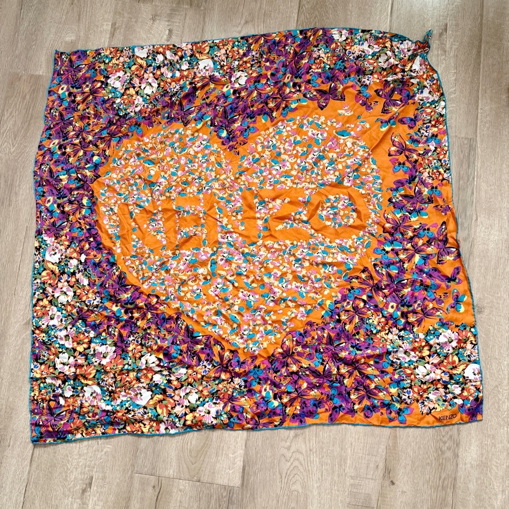 Kenzo Orange 100% Silk Scarf Heart Shape With Butterfly & Floral‎ 31” X 34”